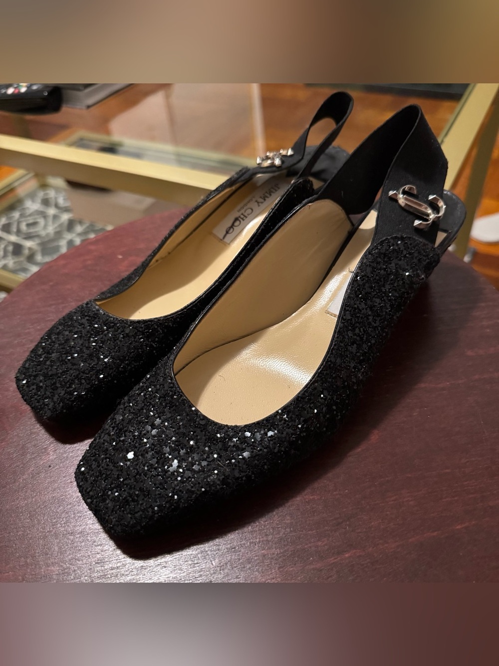Jimmy Choo Black Glitter Slingback Flats with Silver Buckle